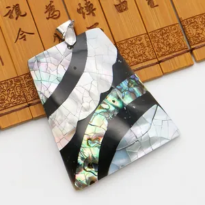 Vue macro détaillée d'un pendentif mosaïque rectangulaire aux rayures colorées d'abalone