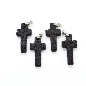 Set of four natural black volcanic lava stone cross pendants with silver metal bails