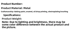 Detailed specifications table showing metal materials and enamel crafting for the badge