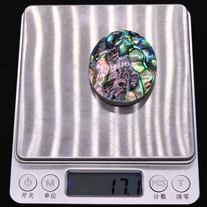 Makroansicht eines 17,1g ovalen Abalone-Muschel-Cabochons auf einer digitalen Waage