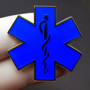 Star of Life Medizin-Brosche mit blauem Emaille und vergoldetem Stab des Äskulap Symbol