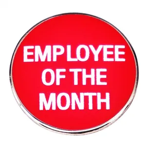 Enamel Employee of the Month brooch badge with red background and silver metallic frame