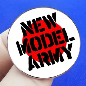 New Model Army rock band pin brooch featuring red circle and black punk style text