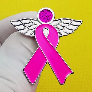 Pink ribbon breast cancer awareness brooch with angel wings and sparkling rhinestones