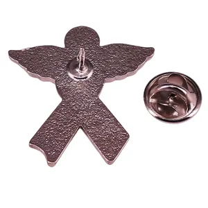 Pink ribbon angel wing brooch in rose gold alloy with butterfly clutch back detail