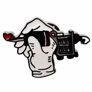 Cartoon Tattoo Machine Enamel Pin Hand Holding Tattoo Gun Brooch With Heart Metal Alloy Badge For Clothing Backpack Accessories