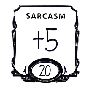 Cartoon RPG shield enamel pin with Sarcasm +5 and 20 stats for gaming backpacks