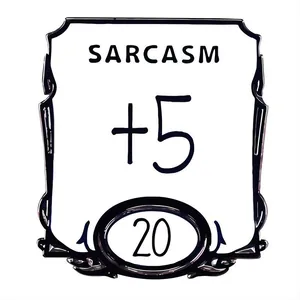 Cartoon RPG shield enamel pin with Sarcasm +5 engraving for game lovers' backpacks