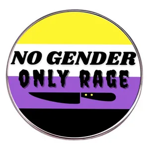 Pin redondo Non-binary Pride con texto No Gender Only Rage e icono de una daga