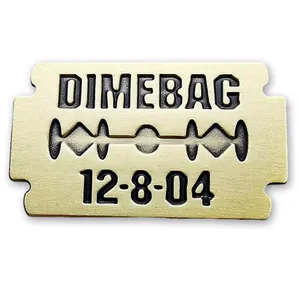 Golden razor blade pendant with Dimebag Darrell engraving and 12-8-04 commemorative date