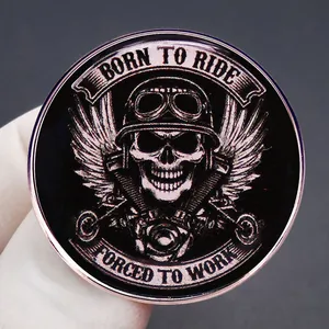 Born To Ride motorcycle skull badge with wings and wrenches on black metal pin