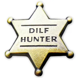 Broche badge sheriff DILF HUNTER en métal doré rétro avec design d'étoile à six branches