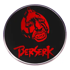 Berserk Guts logo metal enamel pin badge with red brand logo on black background