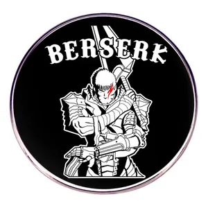 Detailed close-up of Berserk Guts metal badge with silver rim on black background