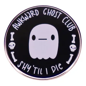 Awkward Ghost Club Enamel Pin Funny Ghost Skull Shy Til I Die Lettering Alloy Brooch Badge For Clothing Backpack Accessories