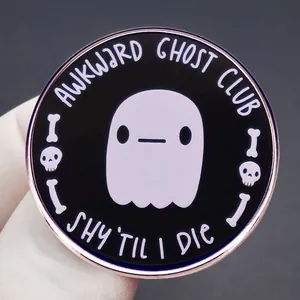 Awkward Ghost Club Shy 'Til I Die enamel pin with rose gold metal frame and skull details