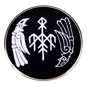 Viking Raven Enamel Pin Nordic Rune Round Metal Badge White Raven Brooch For Backpack Clothing Jacket Hat Accessories