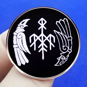 Wardruna White Raven enamel badge with Nordic runes and Viking crow in rose gold metal