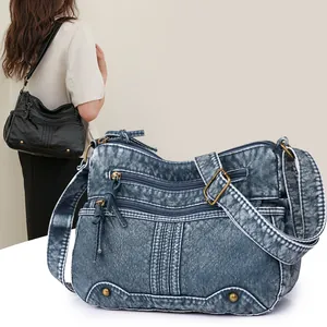 Vintage Washed PU Leather Crossbody Bag For Women Multi Zipper Pocket Rivet Shoulder Bag Retro Satchel Travel Purse