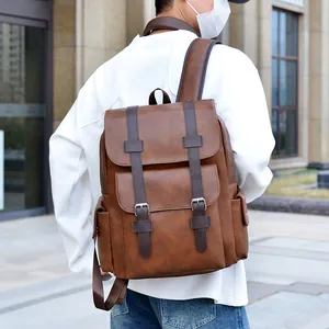 Vintage brown PU leather backpack for men with retro straps for business and travel