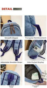 Detailed views of vintage denim backpack showing purple straps and reinforced stitching