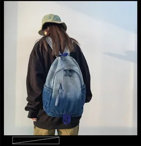 Détail du sac à dos en jean dégradé bleu avec poche zippée porté par un mannequin