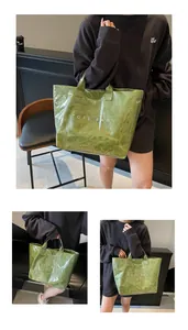 Three-way collage of a bright green tote bag with white TOTE BAG text in use
