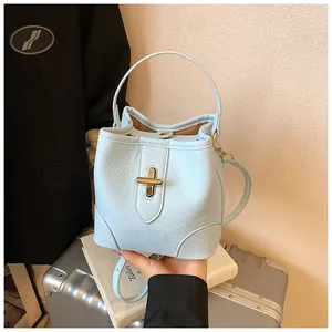 Detail of light blue bucket bag with gold turn-lock and lychee grain leather texture