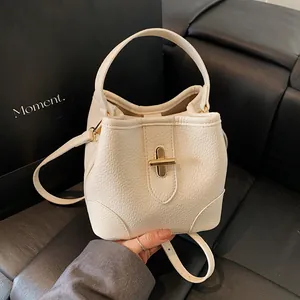 Fashion Women Litchi Pattern PU Leather Bucket Bag 2025 Summer New Crossbody Shoulder Bag With Metal Turn Lock Handbag