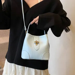 Stylish light blue bucket bag with gold twist lock for women, cross body and shoulder wear