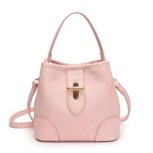 Pink lychee grain leather bucket bag with gold hardware and top handle for women