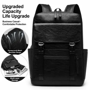 Business casual black faux leather backpack with breathable straps and multi-layer storage