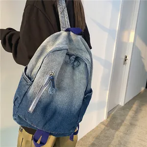 Sac à Dos Vintage en Denim Délavé Dégradé pour Hommes Femmes Sac d'École en Toile Simple Grande Capacité Sac à Dos Décontracté