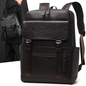 Mens vintage PU leather business backpack with large capacity and buckle closure