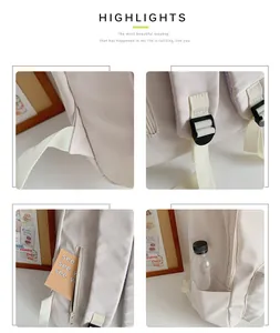 Detail of cream backpack showing reinforced stitching, side pockets and anti-theft zipper bag