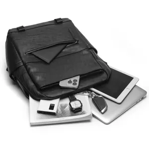 Black pebbled leather business backpack with large capacity for laptop and gadgets