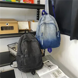Sacs à dos en toile denim minimaliste en gris vintage et dégradé bleu à pompon