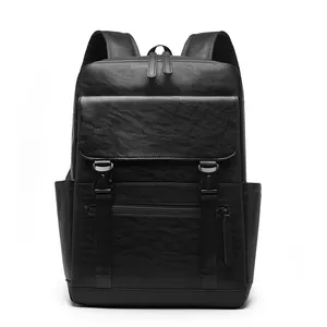 Large black leather backpack with flap top and buckle straps for business or travel