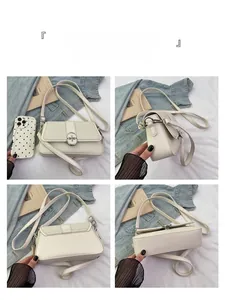 Detailed four-way view showing the woven texture and silver buckle of the cream square bag