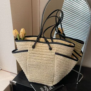 Women Large Capacity Straw Woven Tote Bag Contrast PU Leather Trim Shoulder Handbag Casual Beach Vacation Shopping Bag