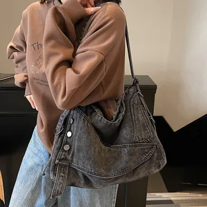 Retro charcoal grey large tote bag made of washed denim fabric for a casual hobo style