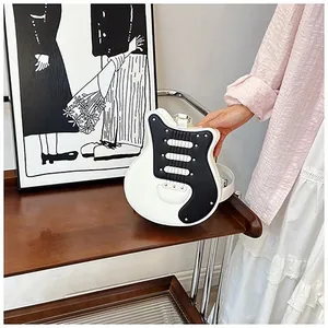 Detailed view of creative electric guitar shaped crossbody bag with metallic rivets