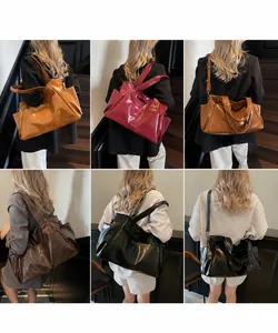 Collage of large capacity leather tote bags in various colors shown on a model