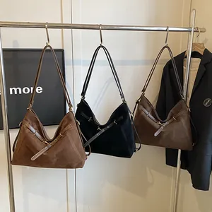 Minimalist suede tote bag with belt buckle detail in caramel, black and dark coffee colors