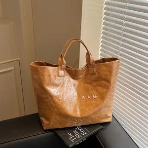 Women Casual Large Capacity Tote Bag Paper Texture PVC Waterproof Transparent Wrinkle Design Letter Print Fashion Handbag