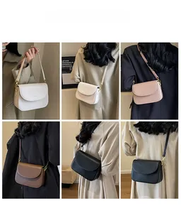 Multiple views showing various colors of the minimalist leather flap crossbody shoulder bag
