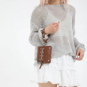 Brown leather mini motorcycle bag with silver rivets and metal chain strap for women