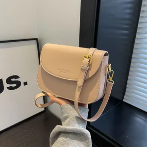 Chic beige PU leather crossbody square bag with gold hardware and curved flap closure