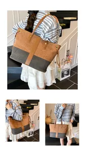 Détail du grand sac cabas bicolore en tweed et cuir marron avec bandoulières élégantes