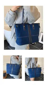 Vues détaillées d'un grand sac fourre-tout en denim bleu avec ferrures dorées et anses en cuir